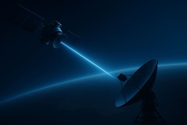 Satellite in orbit transmitting a signal beam toward a home dish