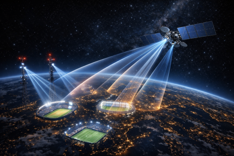 Astra 19.2°E satellite delivering live sports broadcast signals across Europe during major events.