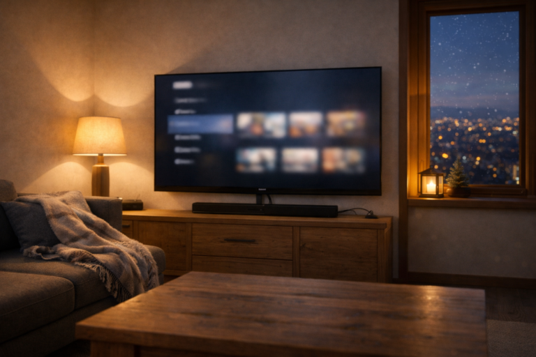 Austrian apartment living room in 2026 with smart TV and simple entertainment setup