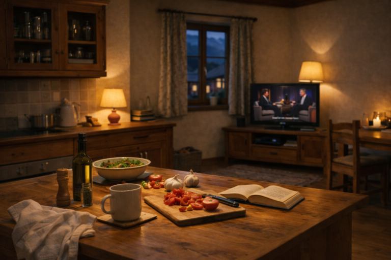 Austrian kitchen evening routine with background English TV 2026