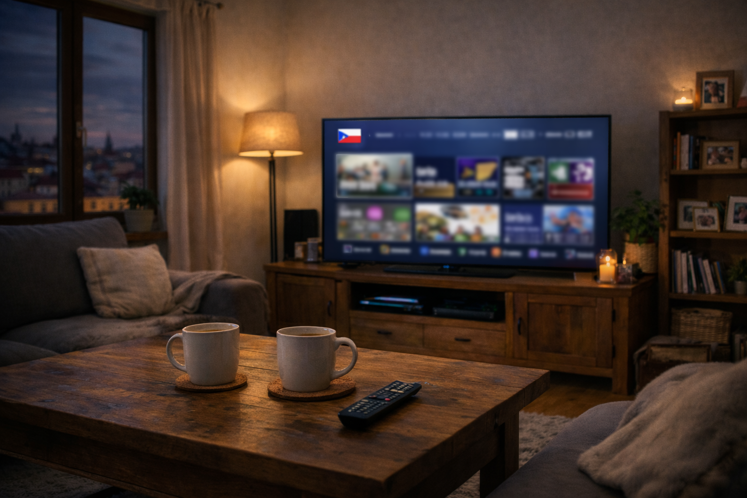 Cozy Czech living room with TV on and two mugs on the table, reflecting family viewing habits in 2026.