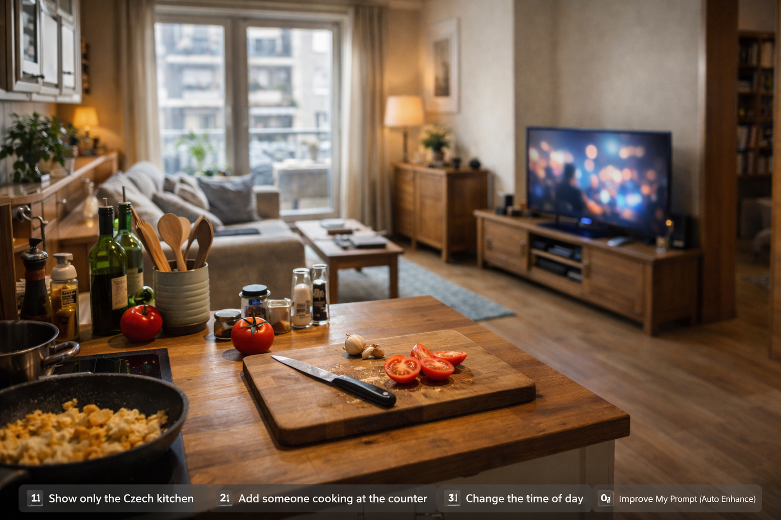 Daytime Czech home with TV running in the background during daily activities in 2026.