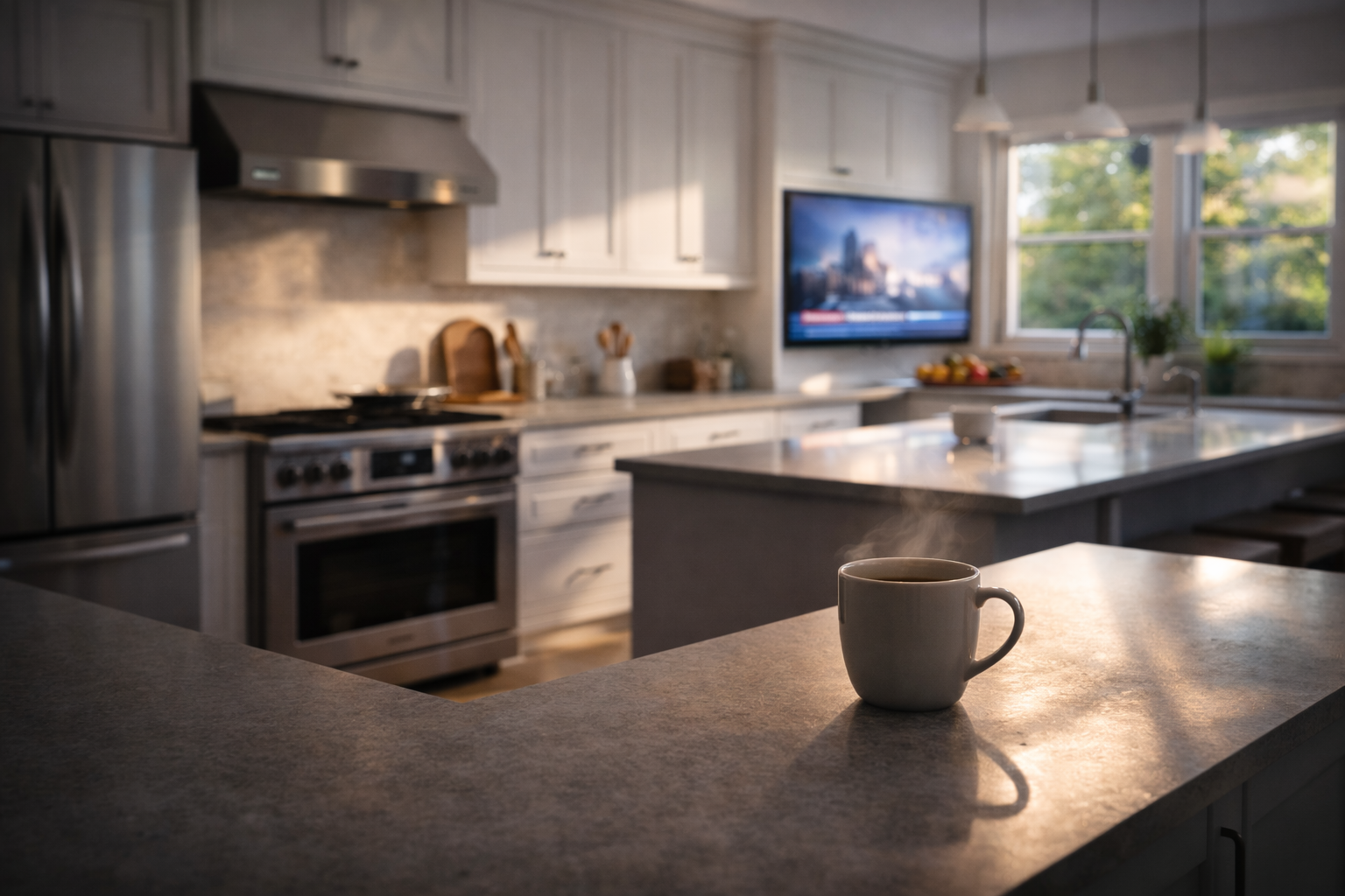 German TV channels playing in the background of an American home routine.