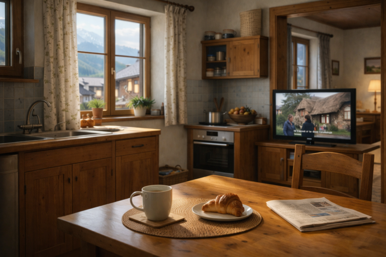 Morning kitchen TV background English viewing Austria 2026