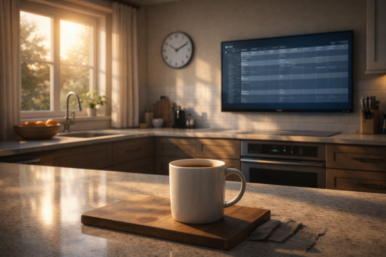 Morning routine with USA Network schedule showing typical daily viewing times.