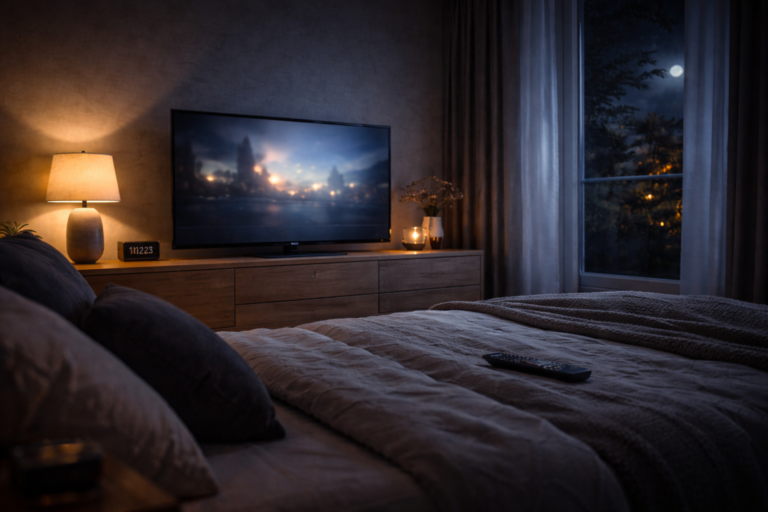 Quiet American room with TV glow representing why foreign TV channels feel relaxing to US viewers.