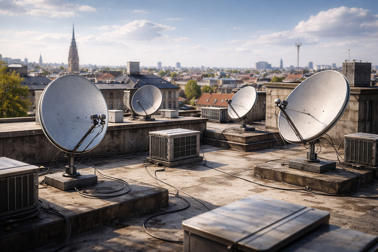 Rooftop satellite dishes in Germany representing how TV stations reach homes in 2026.