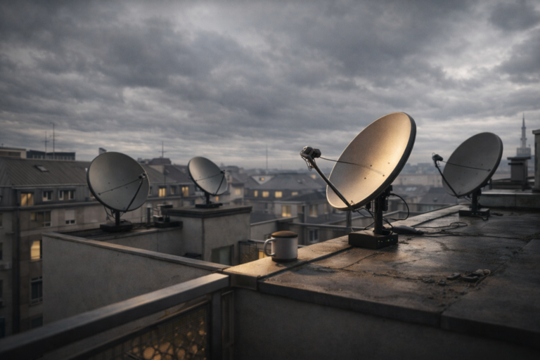 Rooftop satellite dishes on an Austrian building aligned to Astra 28.2E in 2026.