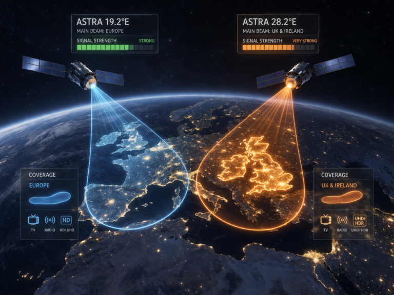 Comparison of Astra 19.2E and 28.2E showing signal strength and channel differences