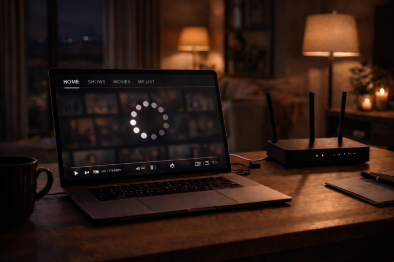 Laptop showing streaming player frozen on loading screen