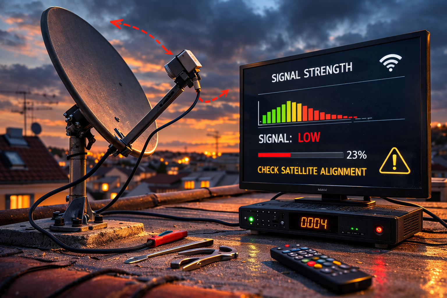 Misaligned satellite dish affecting Astra signal reception.