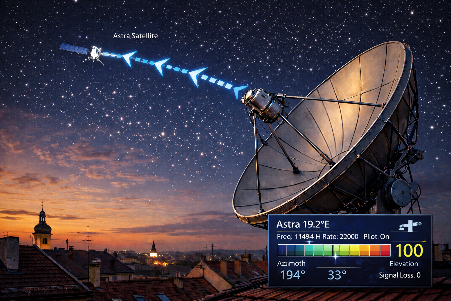 Satellite dish alignment toward Astra 19.2 satellite.