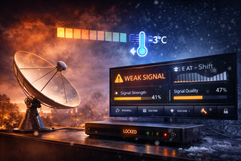 Satellite dish experiencing signal drop at night with environmental impact visualization