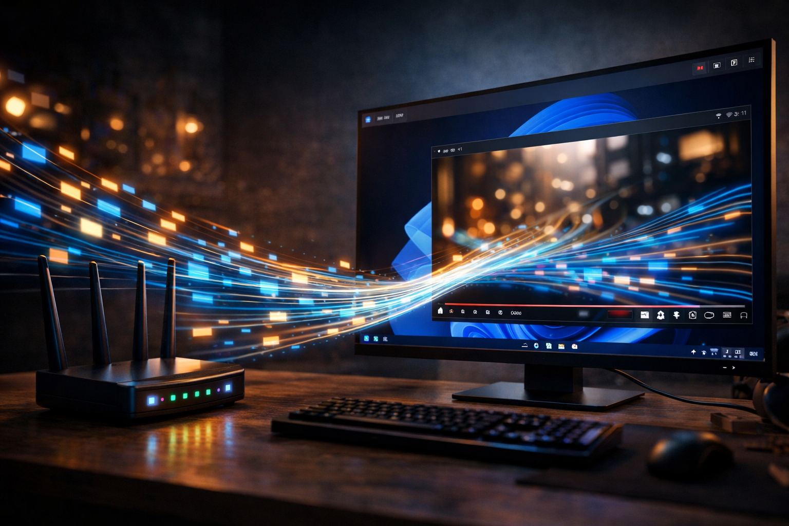 Visualization of Sky Go bandwidth usage with data flow between router and Windows 11 computer