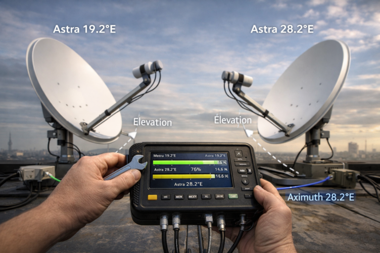 Satellite dish alignment process for Astra 19.2E and Astra 28.2E with signal meter
