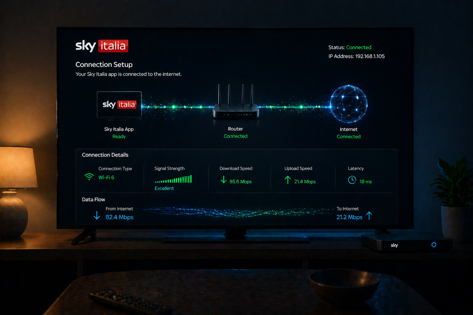 Sky Italia streaming setup on smart TV connected to internet