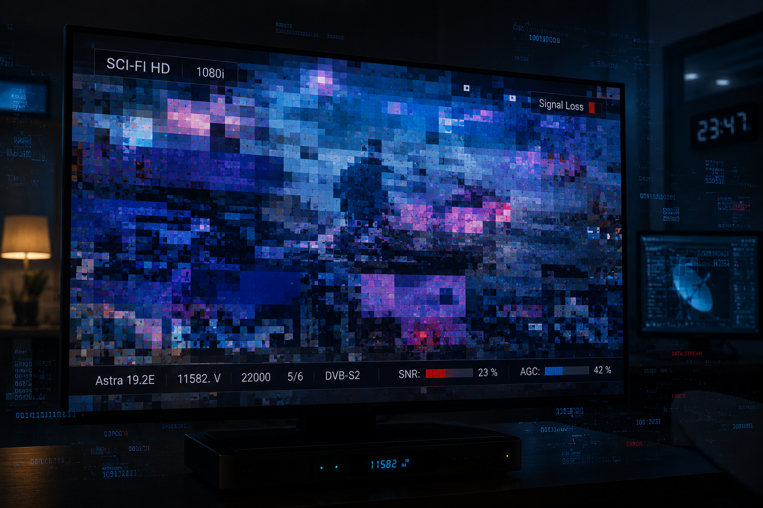 Pixelated Eutelsat 16E channel caused by signal quality failure.