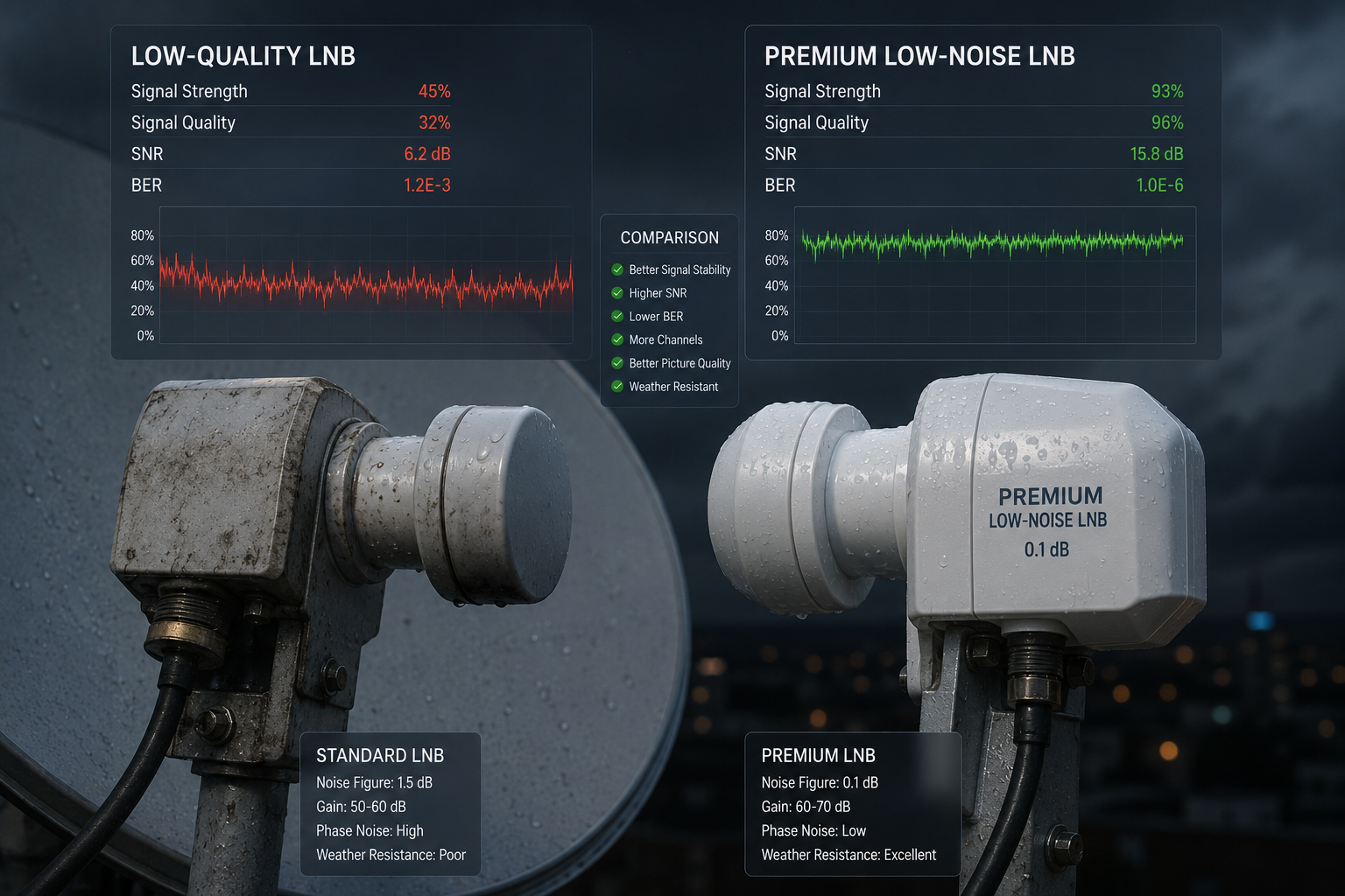 Comparison of cheap and high-quality satellite LNB units.