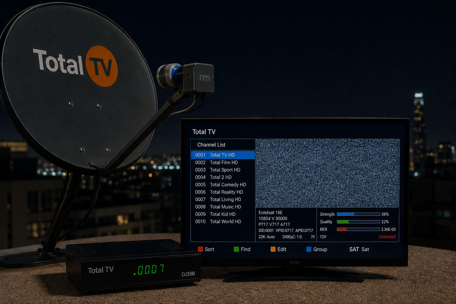 Frozen Total TV broadcast with receiver diagnostics.