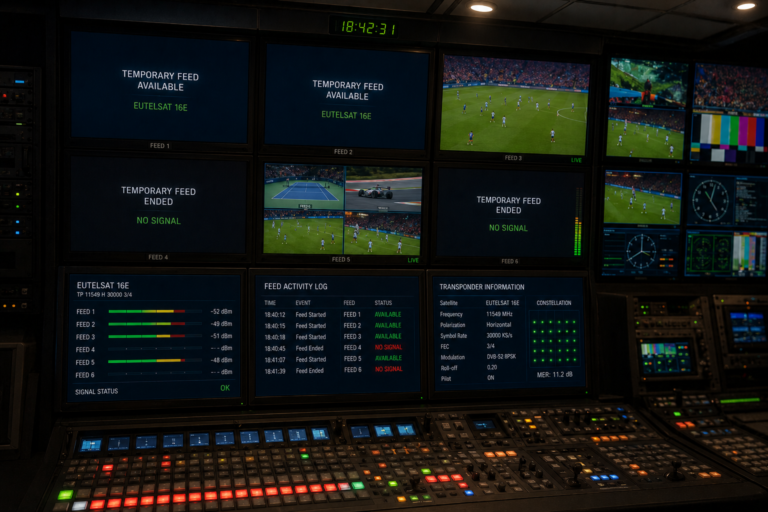 Temporary Eutelsat 16E sports feeds appearing on broadcast monitors.