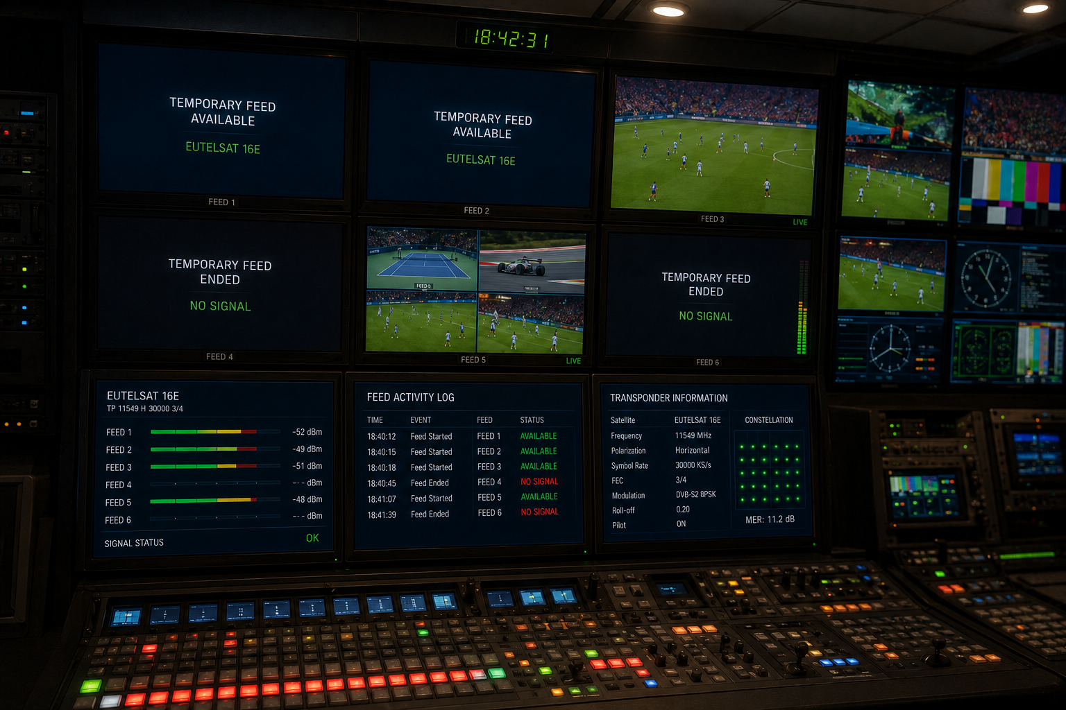 Temporary Eutelsat 16E sports feeds appearing on broadcast monitors.