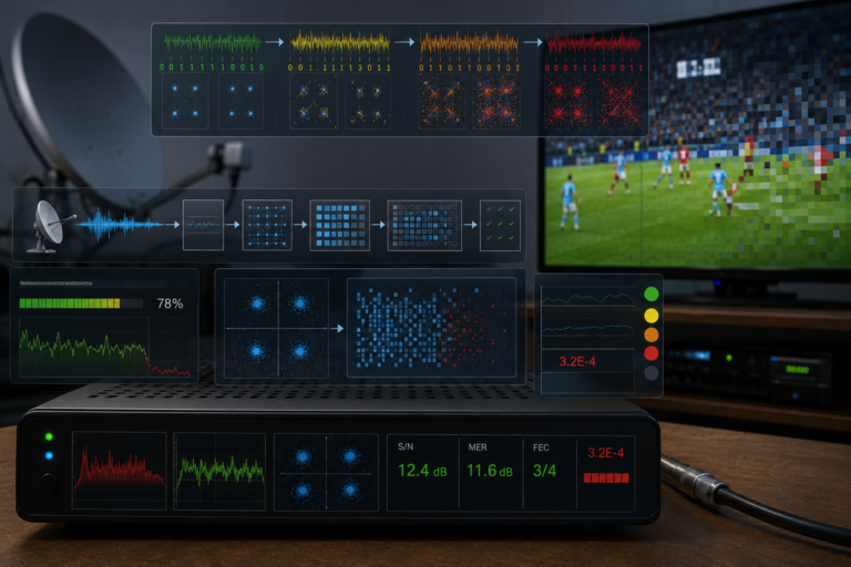 DVB-S2 receiver analyzing bit error rate and correcting damaged satellite data.