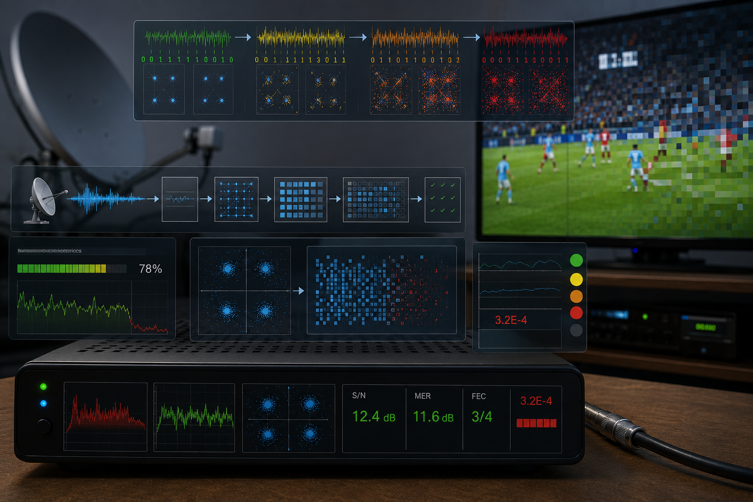DVB-S2 receiver analyzing bit error rate and correcting damaged satellite data.