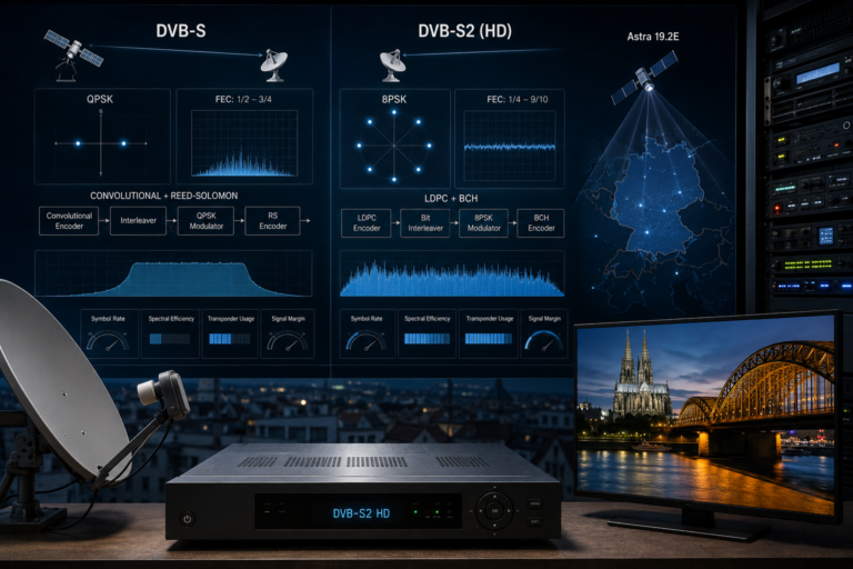 DVB-S2 signal chain carrying German HD television from Astra 19.2E.