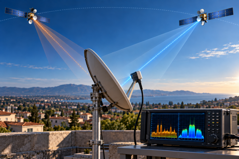 Satellite dish aligned to Hot Bird 13E while Astra 19.2E lies outside its main reception direction.