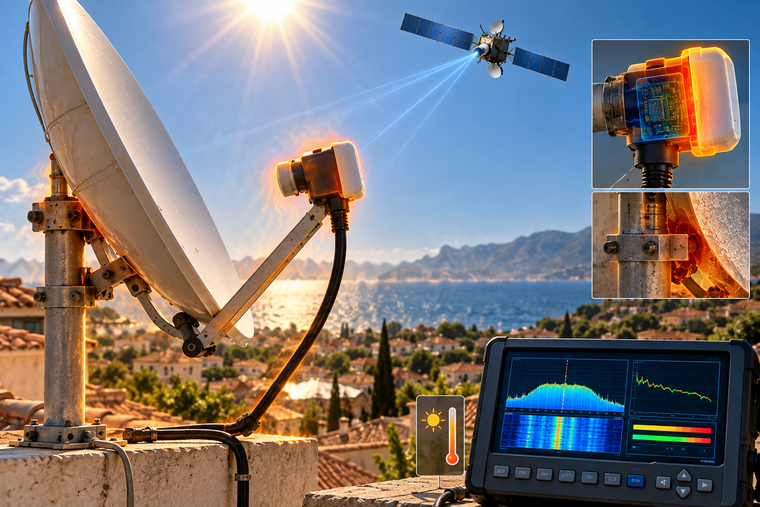 Satellite dish and LNB operating in hot weather while RF signal quality is monitored.