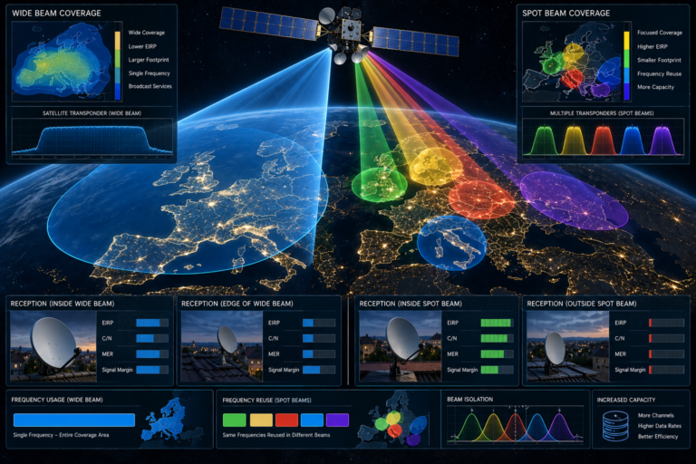Wide satellite beam compared with concentrated spot beams across Europe.