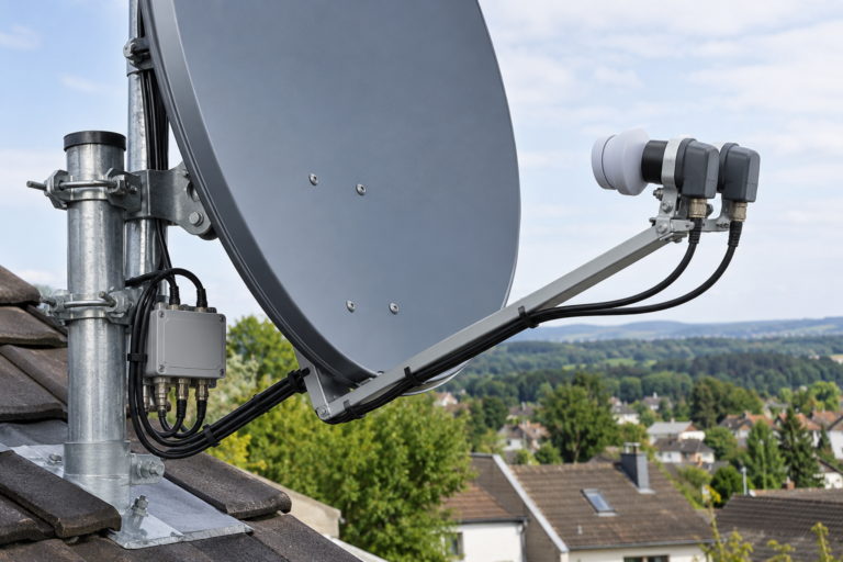 Dual-feed satellite dish installation used to receive Astra 19.2E and Hot Bird 13E