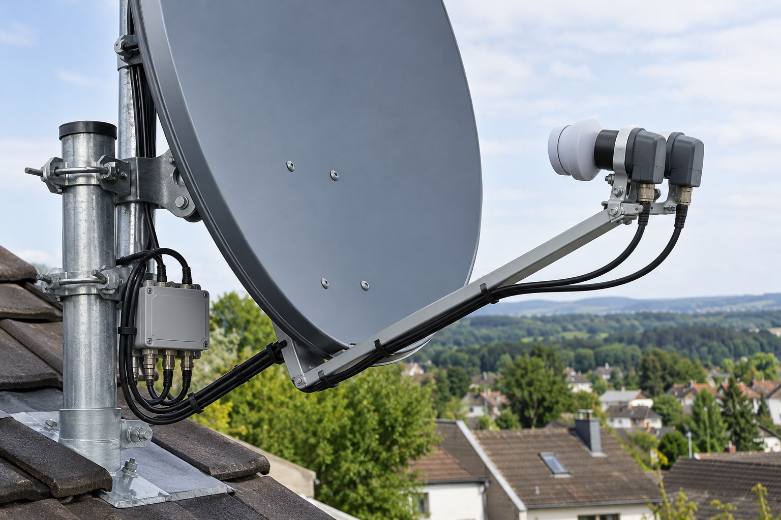 Dual-feed satellite dish installation used to receive Astra 19.2E and Hot Bird 13E