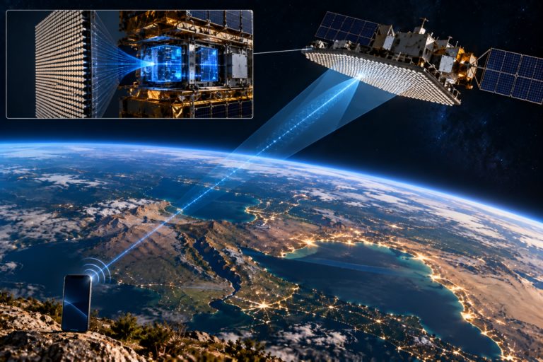 LEO satellite using a large phased-array antenna to receive a weak smartphone uplink signal.