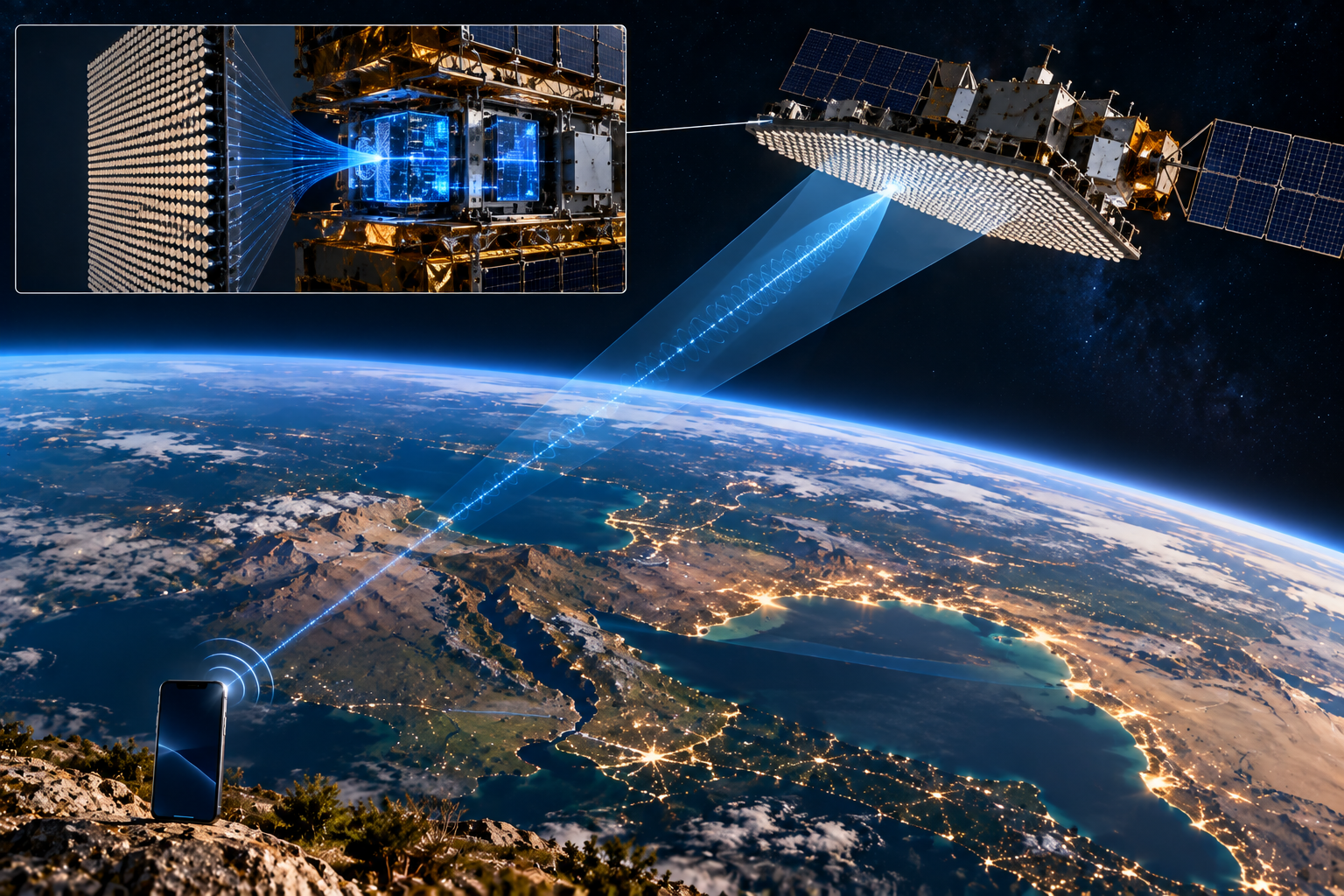LEO satellite using a large phased-array antenna to receive a weak smartphone uplink signal.